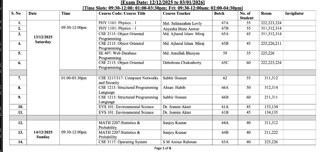Exam Schedule Example